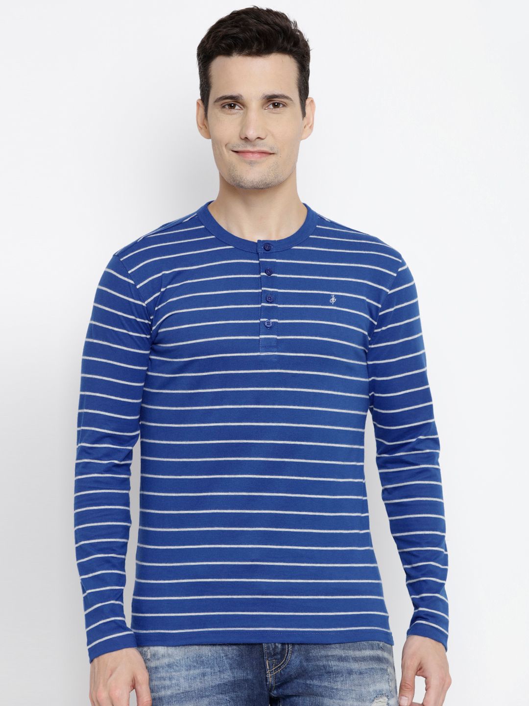 John Players Men Blue Striped Henley Neck T-shirt