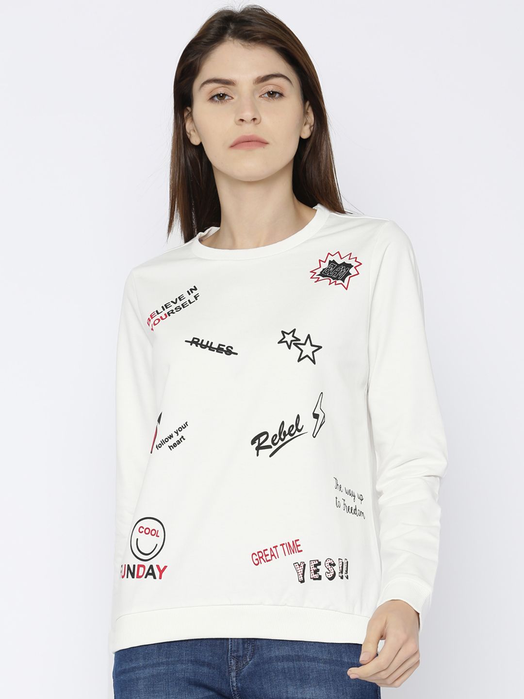 Ginger by Lifestyle Women Off-White Printed Sweatshirt