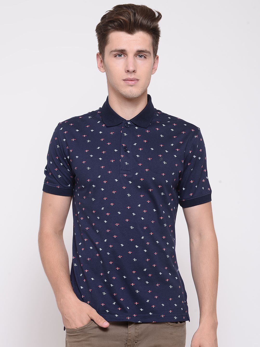 John Players Men Navy Printed Polo Collar T-shirt