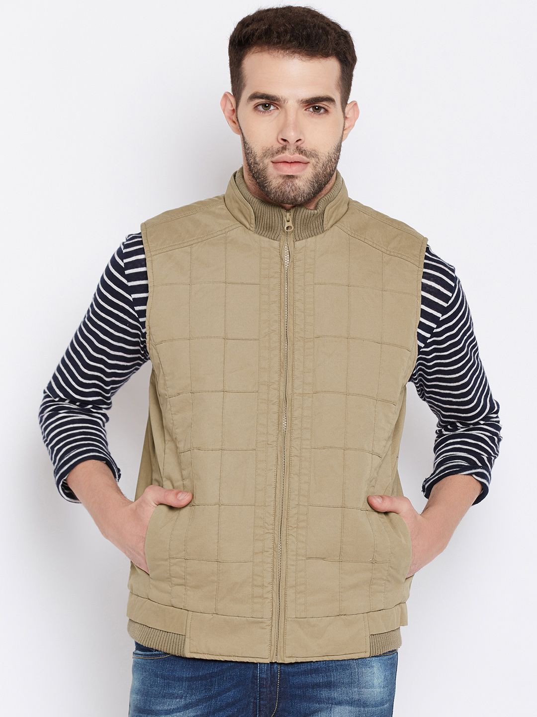 John Players Men Beige Solid Sleeveless Jacket