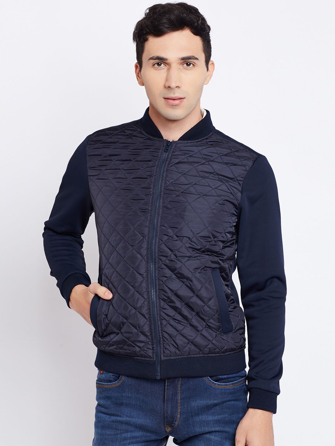 John Players Men Navy Solid Quilted Jacket