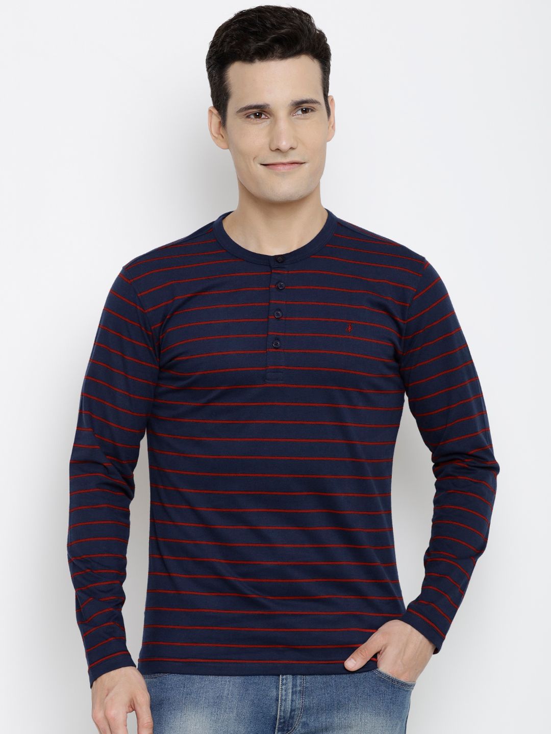 John Players Men Navy & Red Striped Henley Neck T-shirt