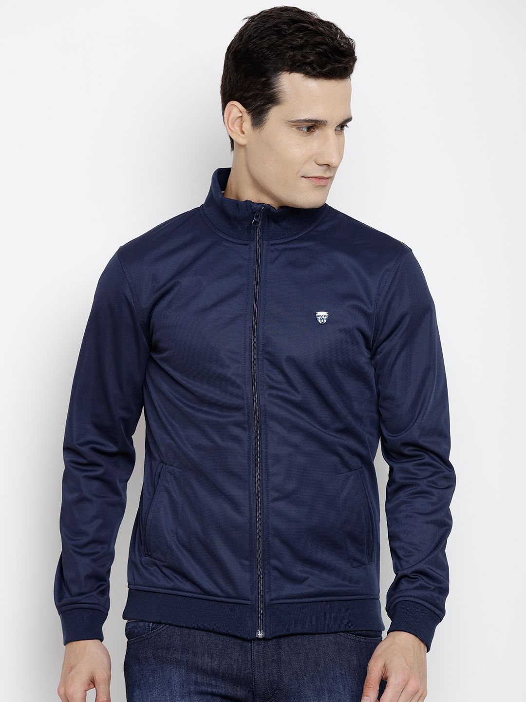 John Players Men Navy Blue Solid Bomber Jacket