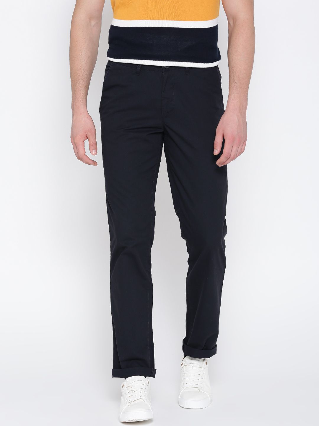 John Players Men Navy Blue Slim Fit Solid Chinos