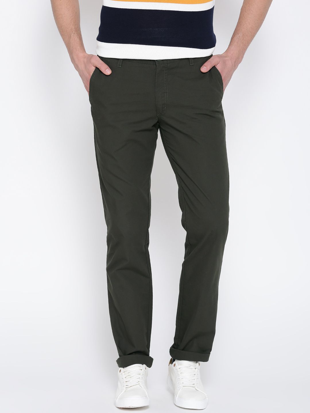 John Players Men Olive Green Casual Trousers