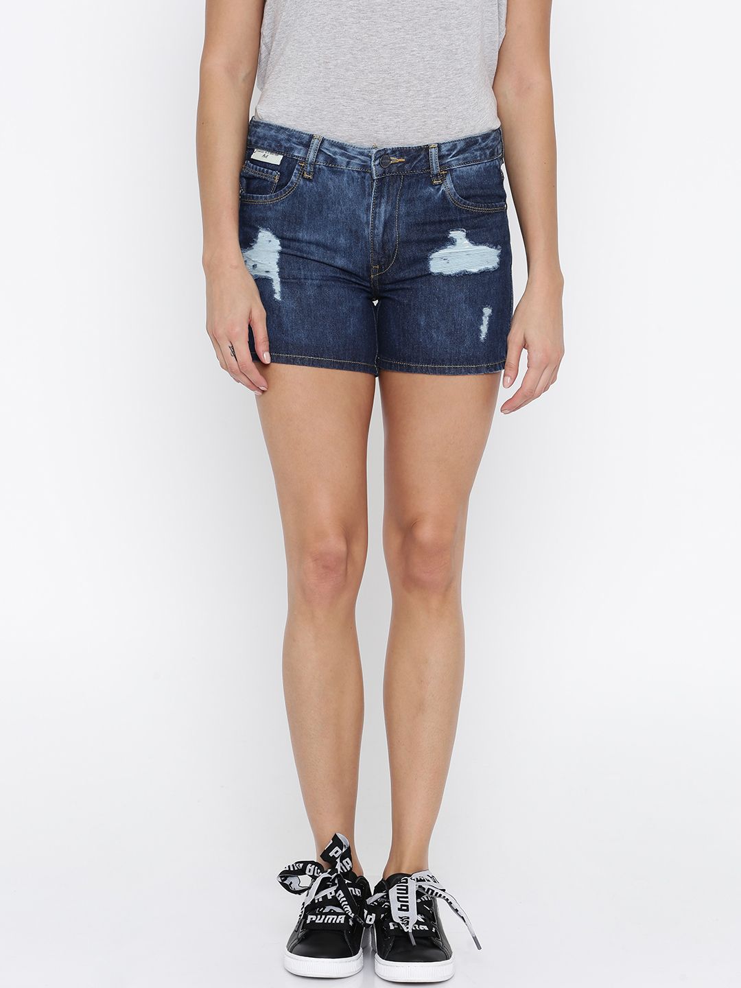 Mast & Harbour Women Blue Distressed Slim Fit Regular Shorts