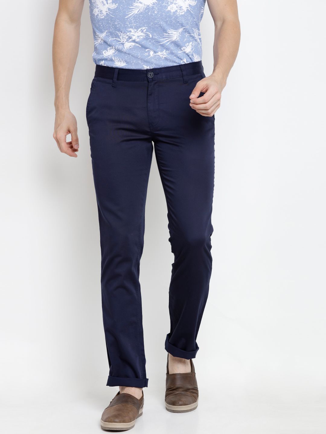 John Players Men Navy Slim Fit Solid Casual Trousers