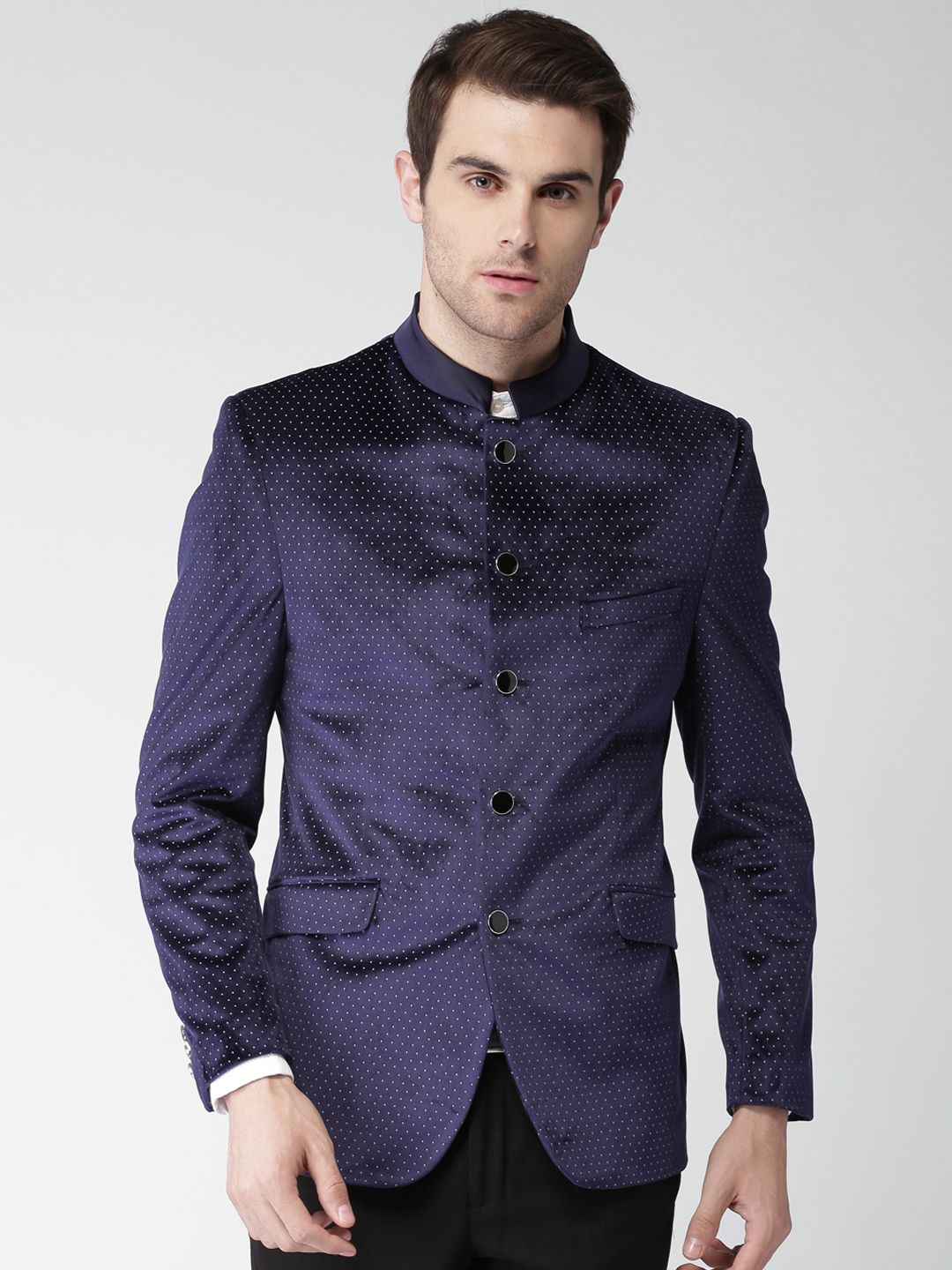 INVICTUS Navy Printed Slim Fit Ethnic Bandhgala Blazer