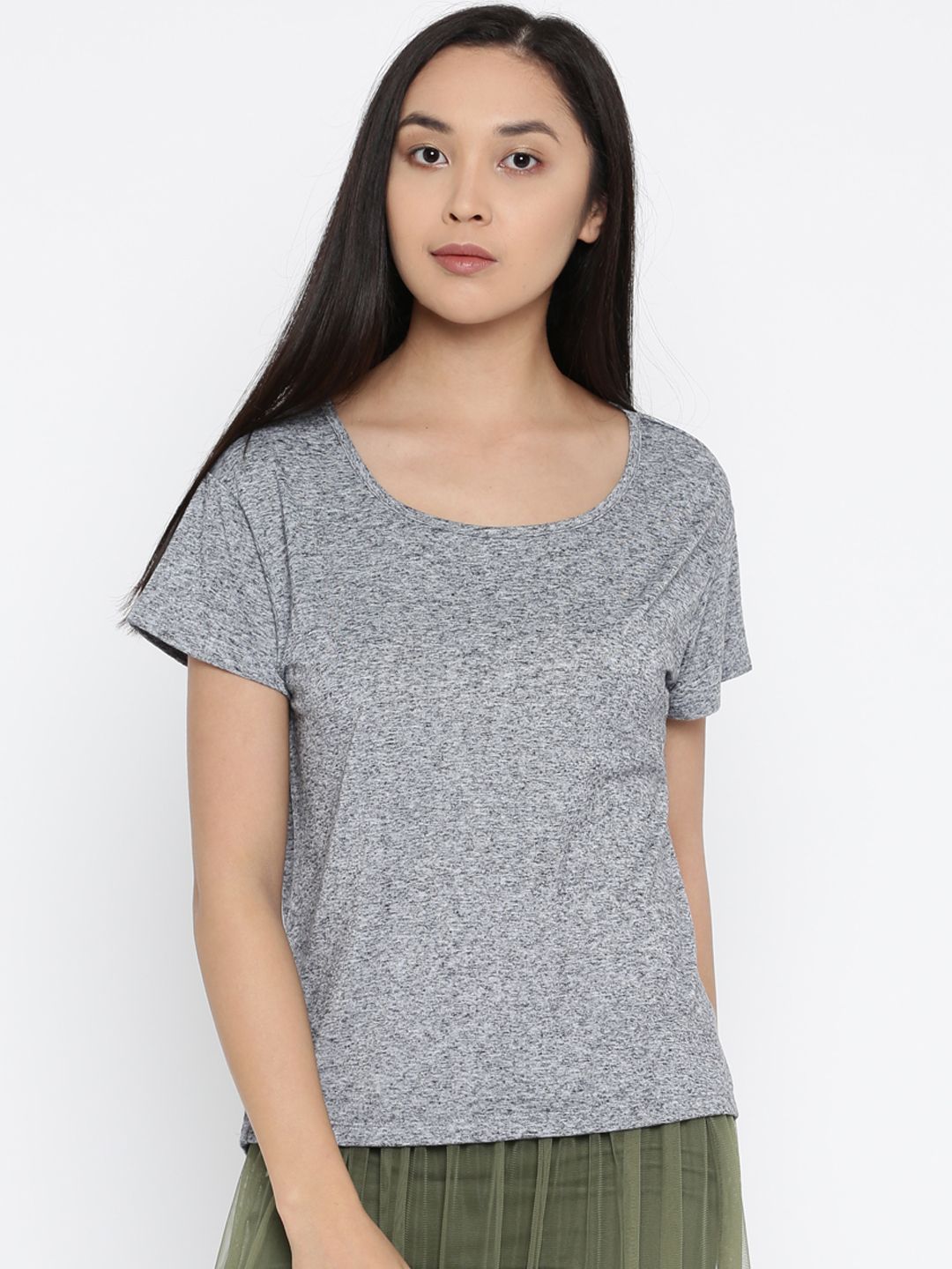 Ms.Taken by Kriti Sanon Women Grey Melange Solid Round Neck T-shirt