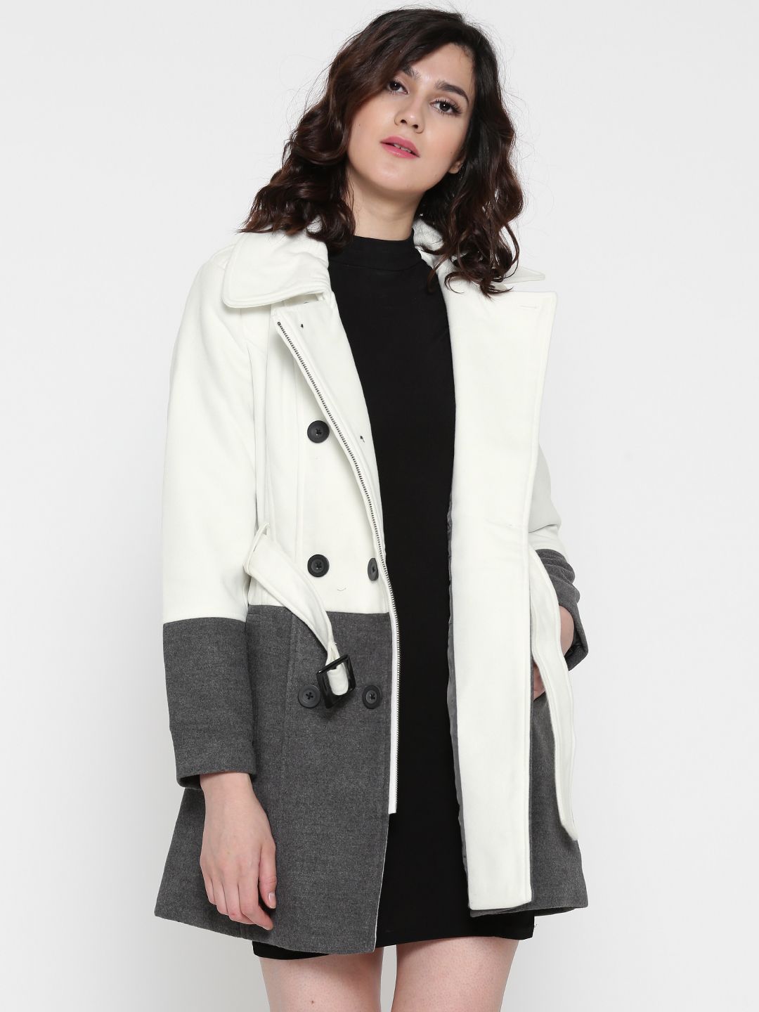 Wills Lifestyle White & Grey Melange Colourblocked Trench Coat