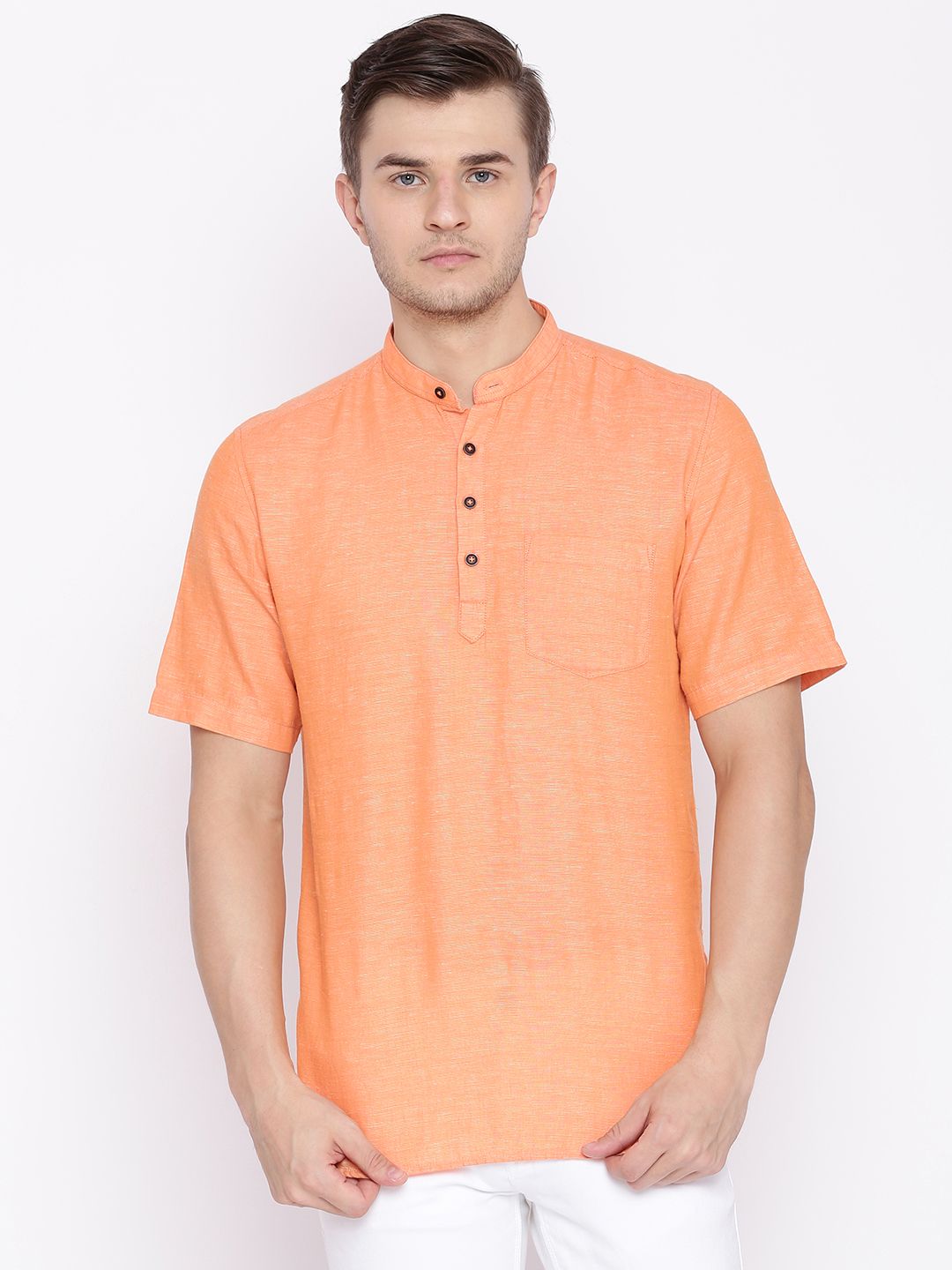 British Club Men Orange Solid Straight Kurta