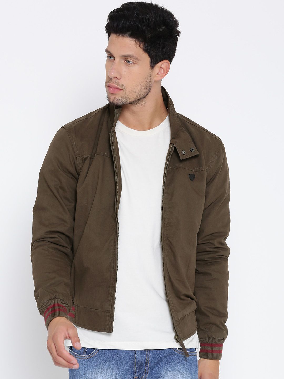 John Players Men Olive Green Solid Bomber Jacket