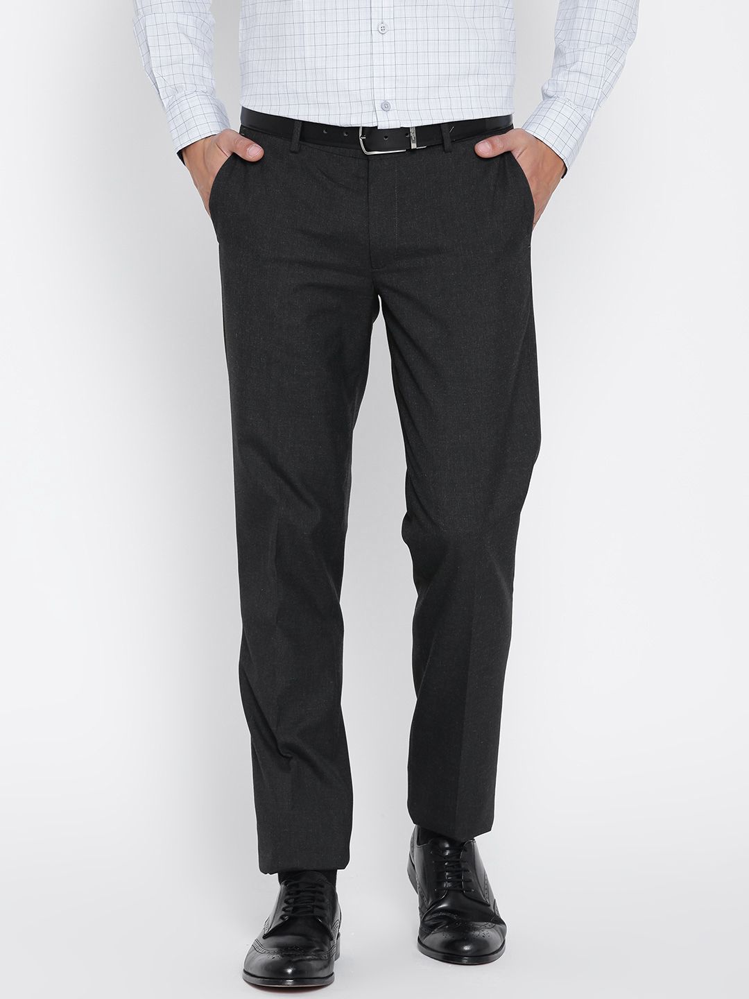 John Players Men Charcoal Grey Slim Fit Solid Formal Trousers