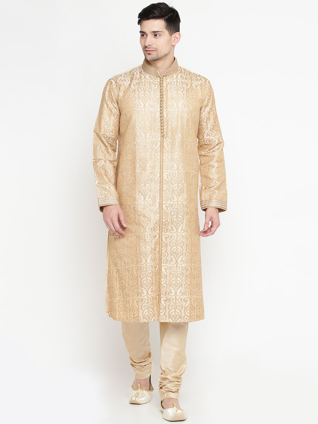 Manu Men Beige Self-Design Kurta with Churidar