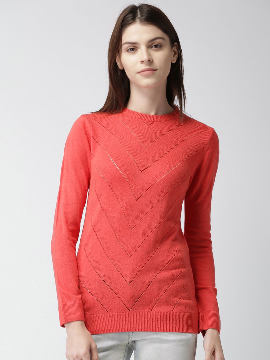 Harvard Women Coral Pink Self-Design Sweater