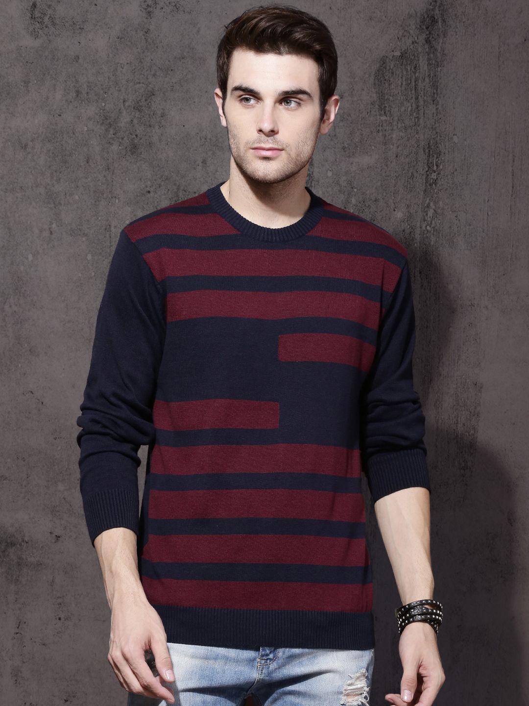 Roadster Men Navy Blue & Maroon Striped Sweater