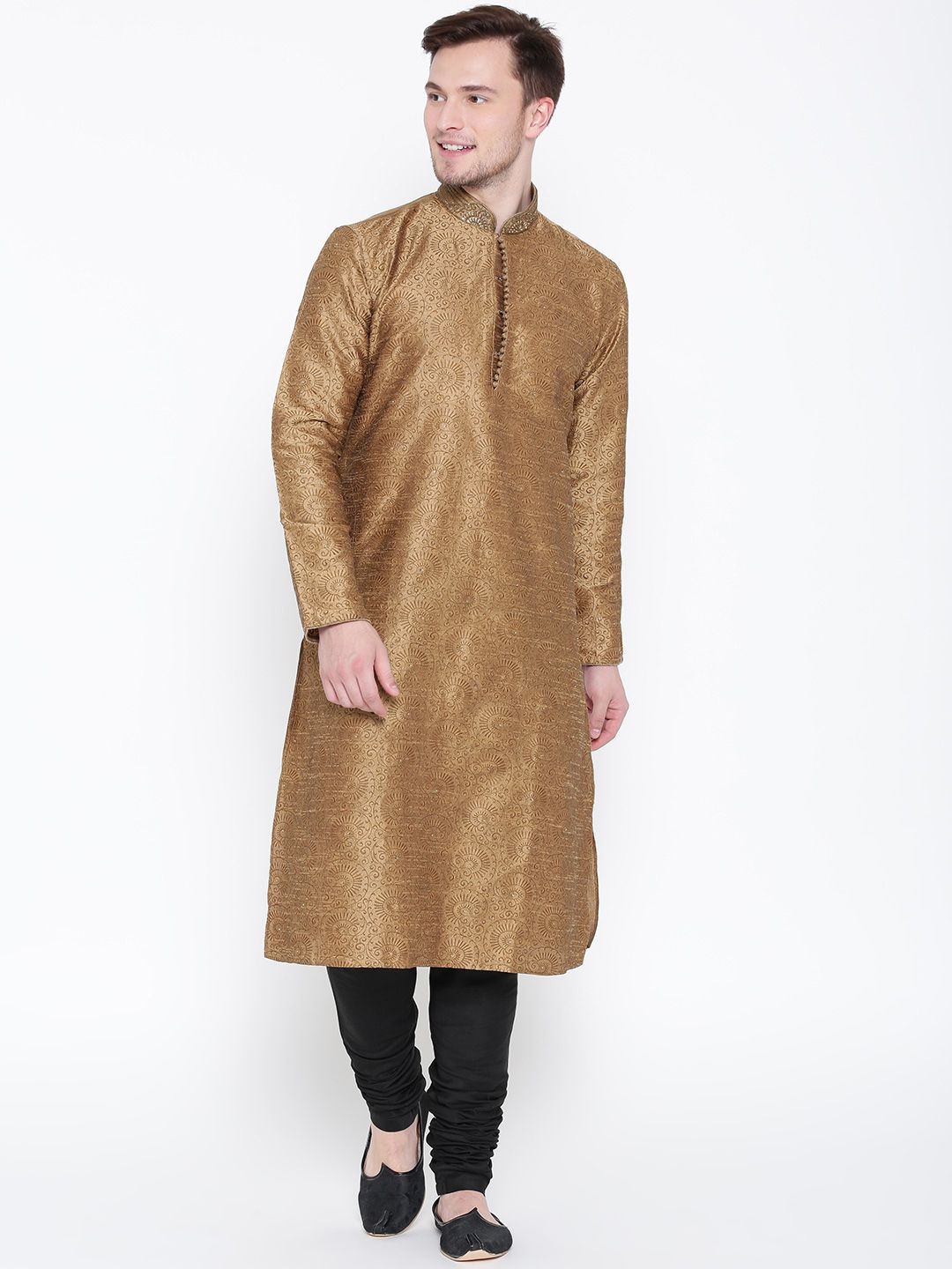 Manu Men Beige & Black Embroidered Kurta with Pyjamas