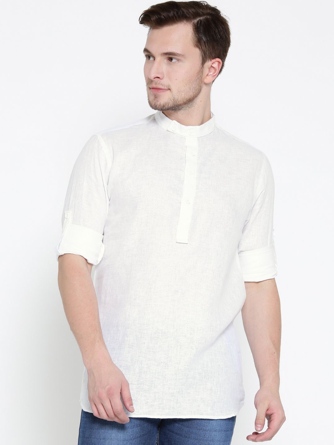 rasm Men White Linen Solid Short Straight Kurta