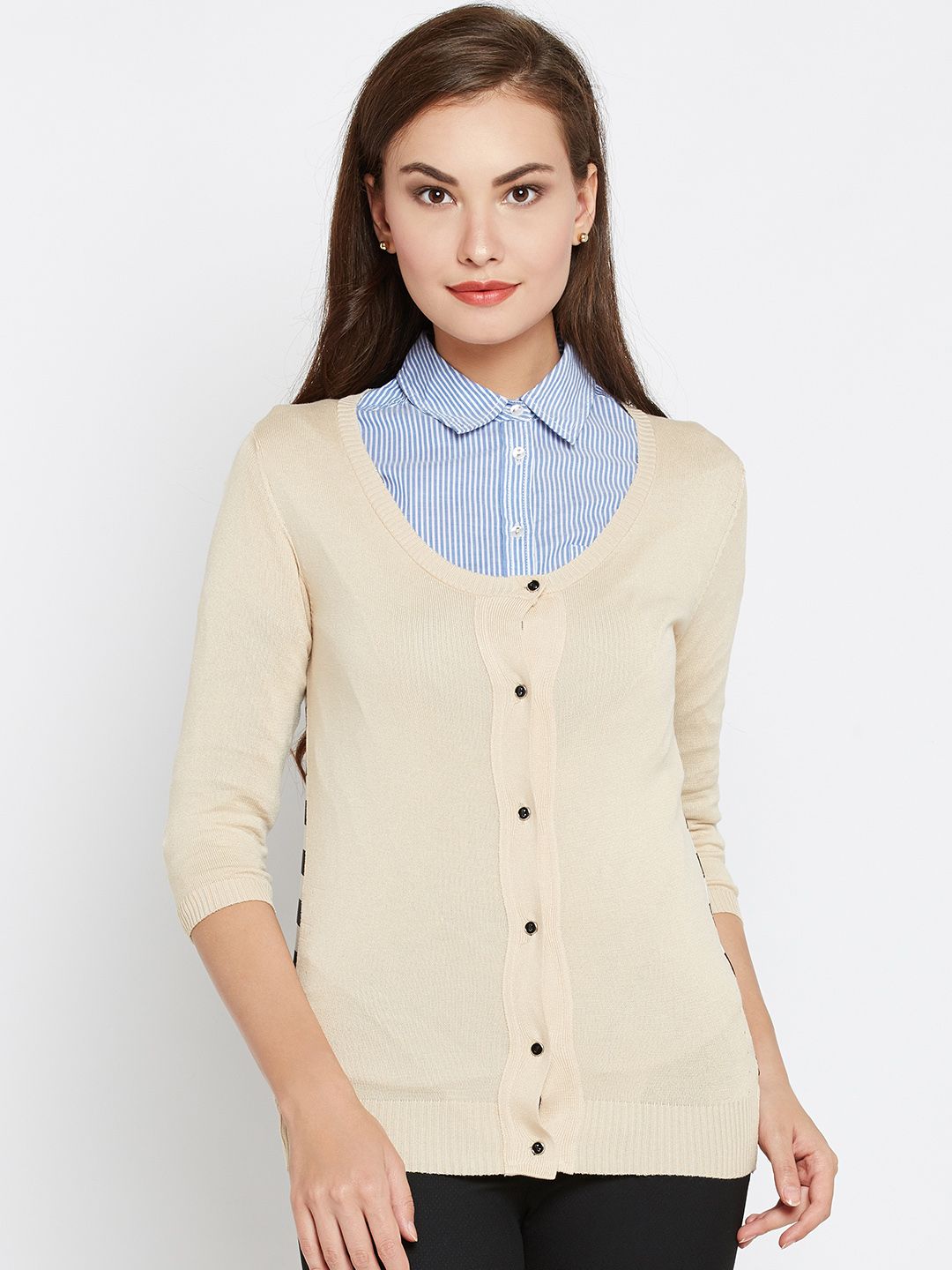Wills Lifestyle Women Beige & Black Striped Cardigan