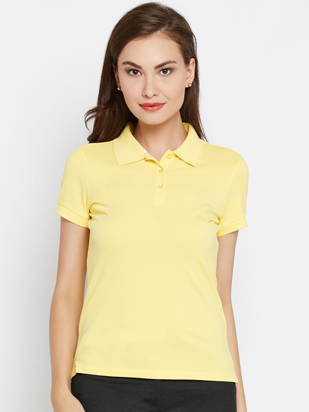 Wills Lifestyle Women Yellow Solid Polo Collar T-shirt