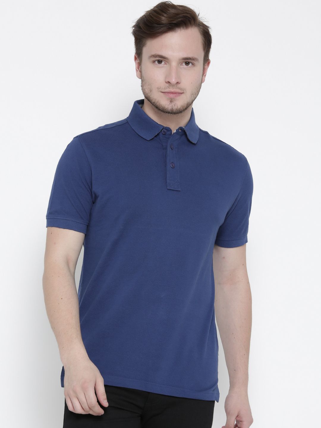John Players Men Blue Solid Polo Collar T-shirt