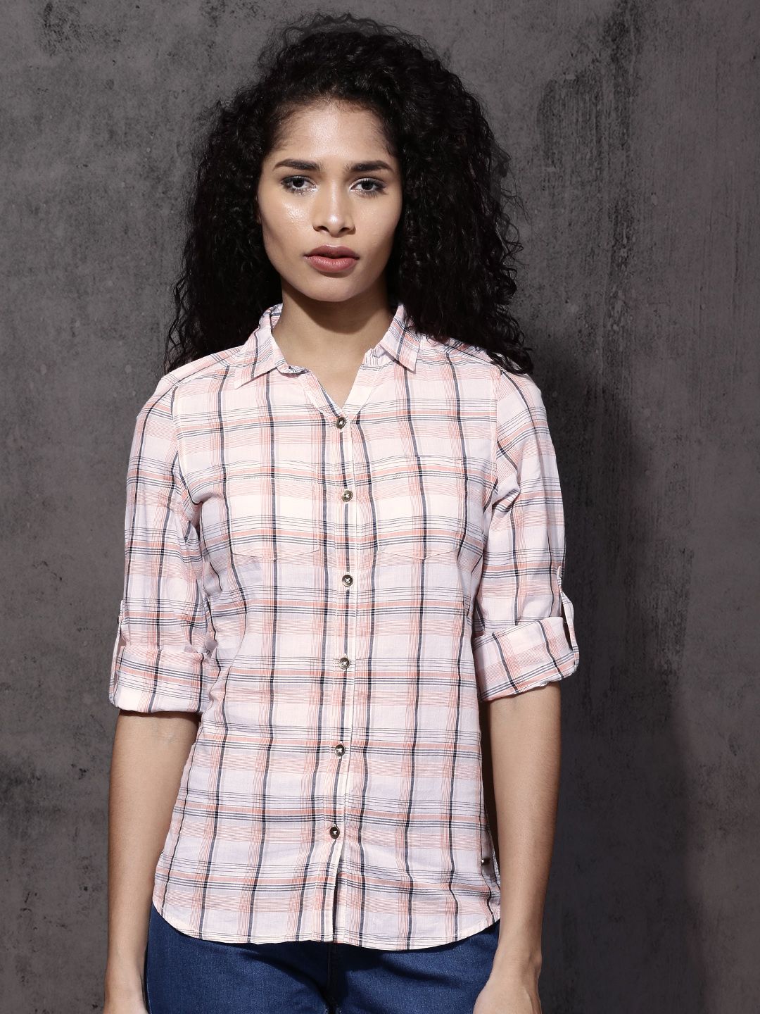 Roadster Women White & Orange Slim Fit Checked Casual Shirt