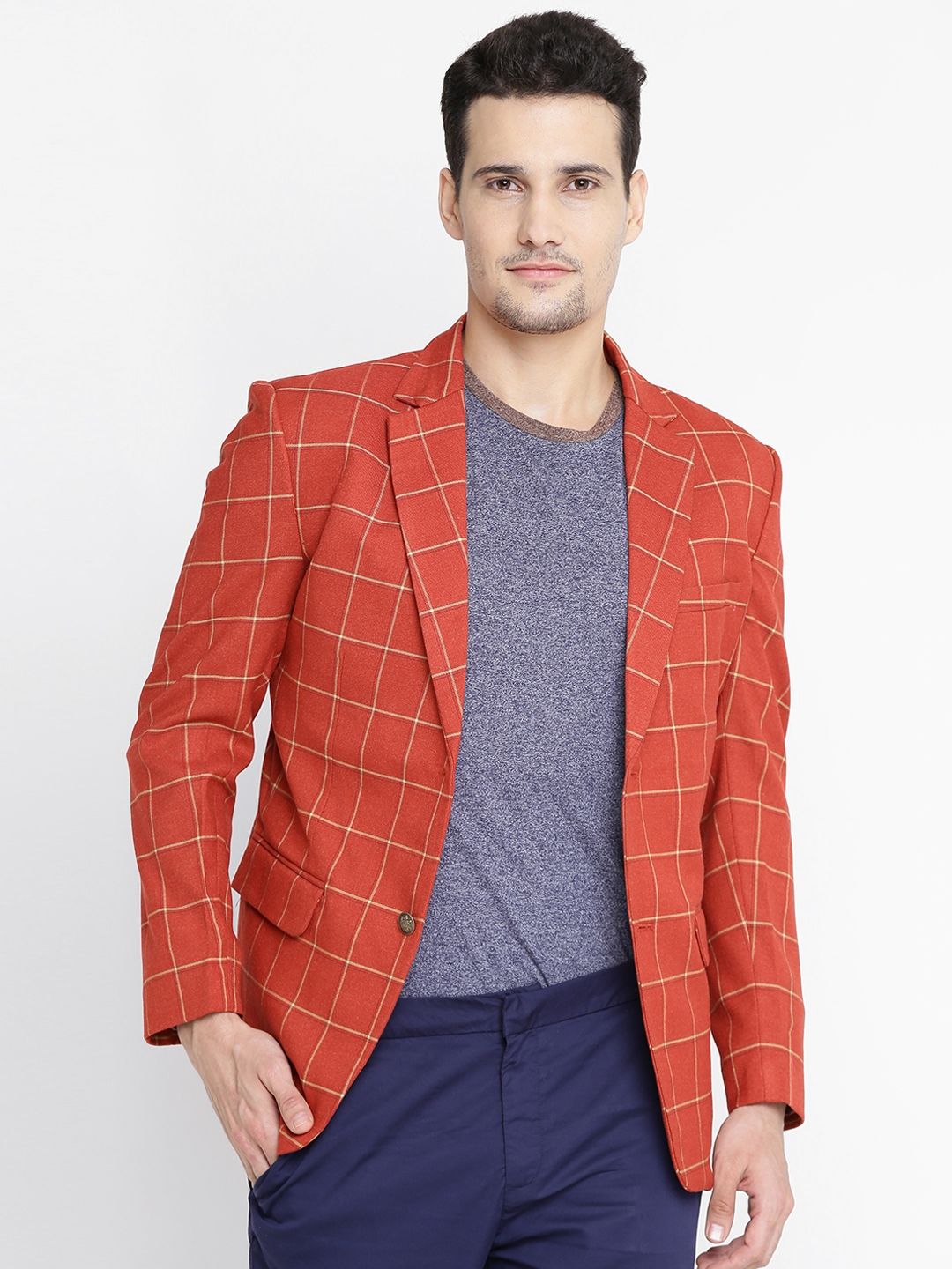 Fort Collins Men Red Checked Single-Breasted Woollen Blazer