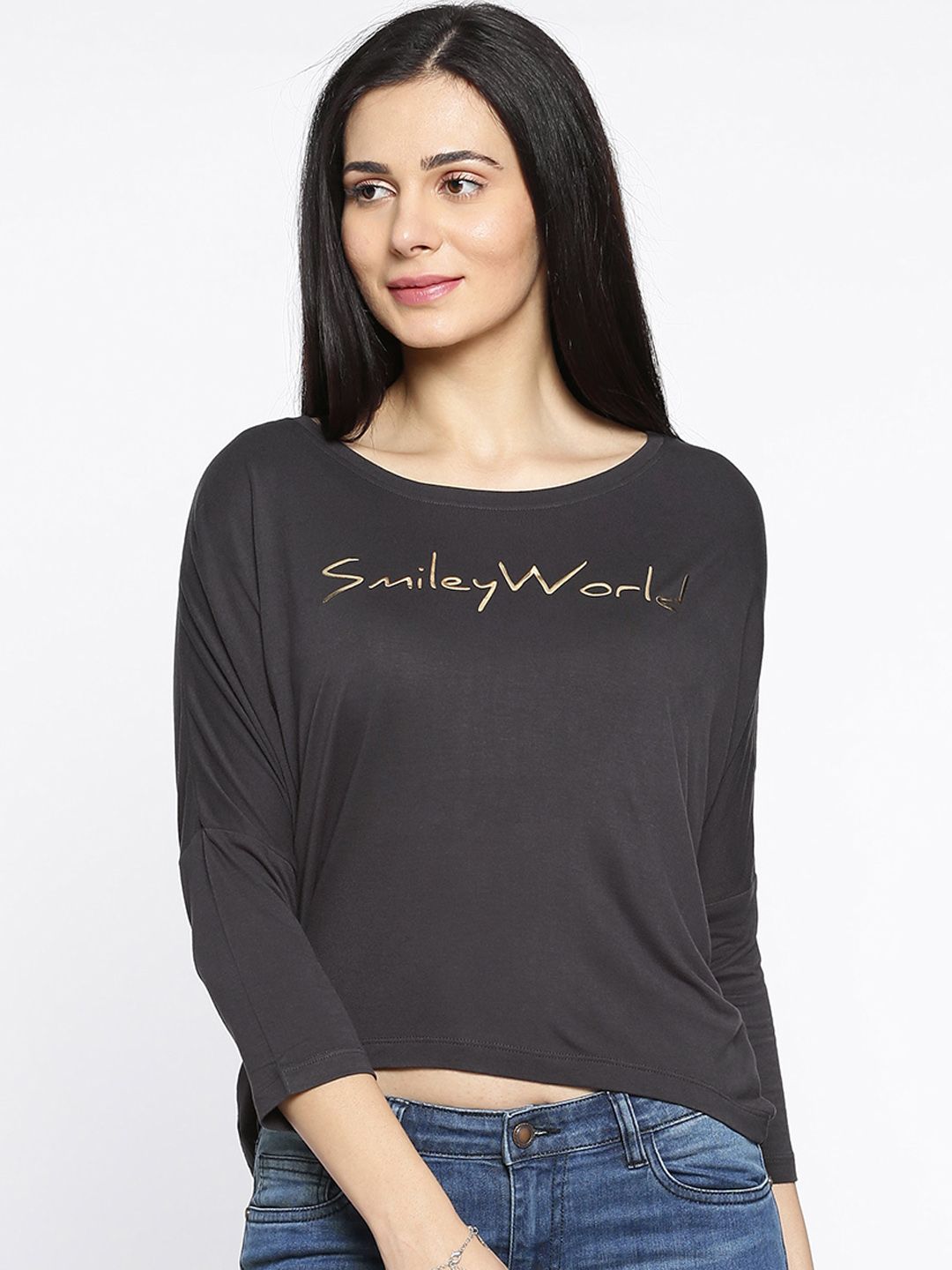 SmileyWorld Women Charcoal Grey Printed Round Neck High-Low T-shirt