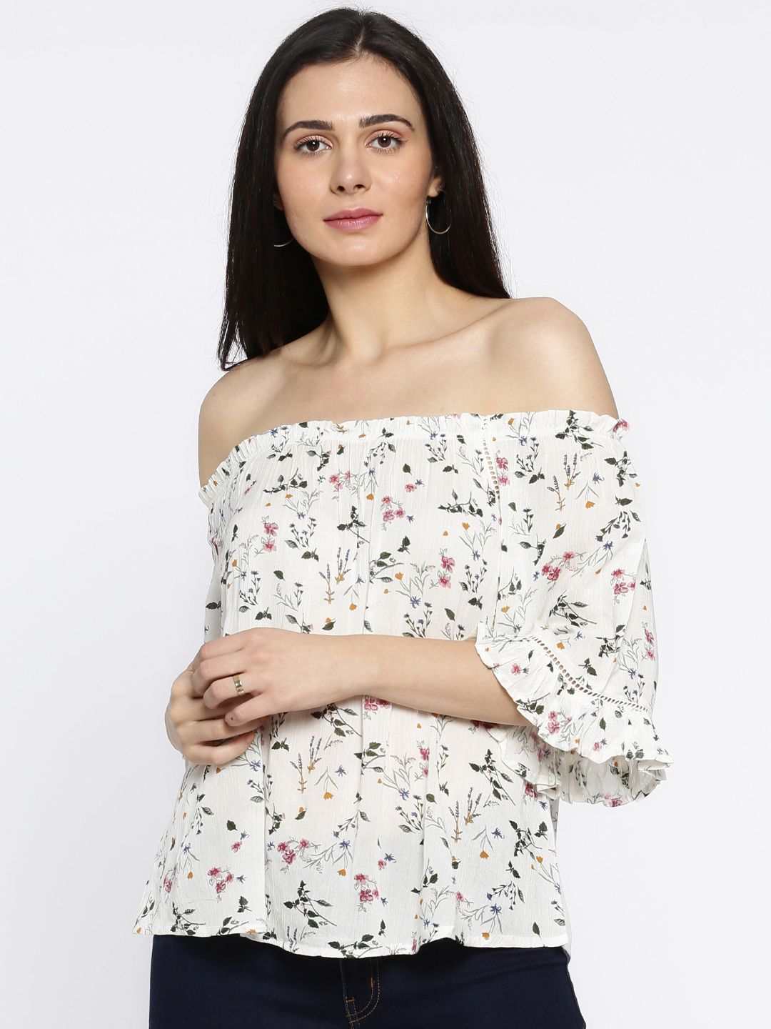 Ginger by Lifestyle Women Off-White Printed Bardot Top