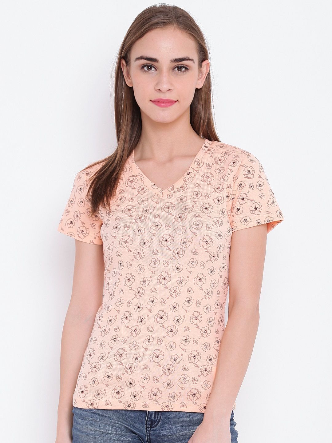 OPt Women Peach-Coloured Printed V-Neck T-shirt