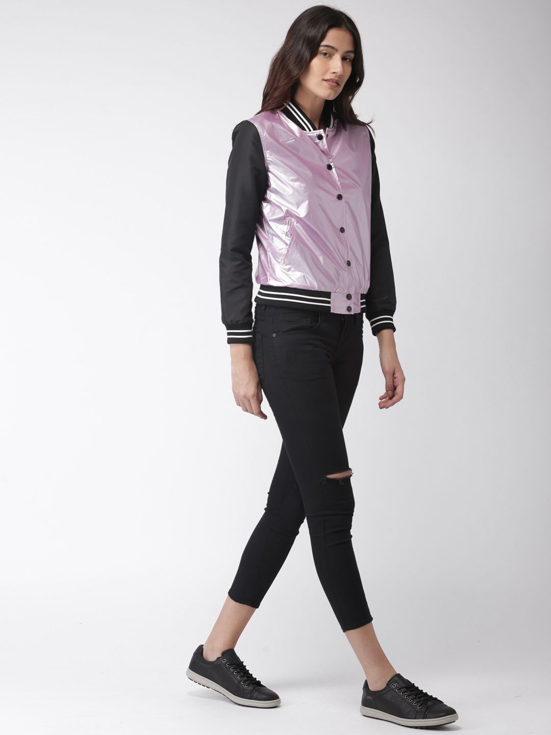 Mast & Harbour Women Metallic Pink & Black Colourblocked Bomber Jacket