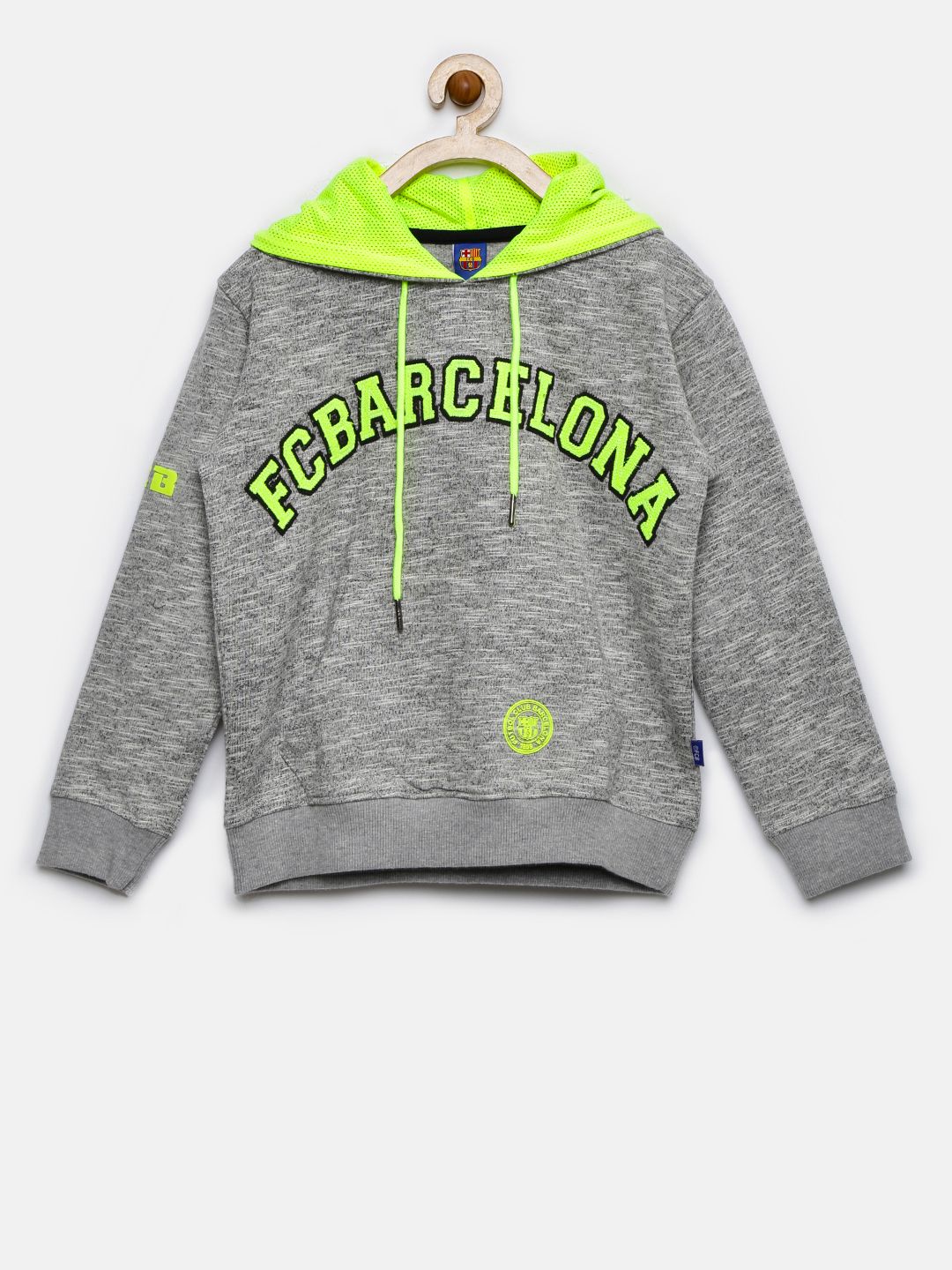 FC Barcelona Boys Grey Melange Self Design Hooded Sweatshirt