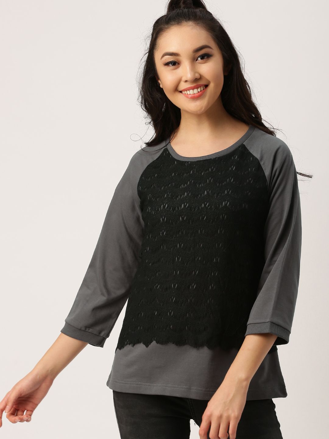 DressBerry Women Grey & Black Sweatshirt with Lace Detail