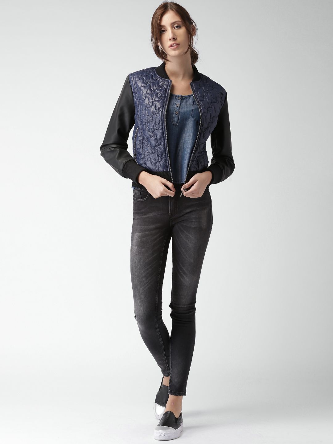 Mast & Harbour Navy & Black Quilted Bomber Jacket