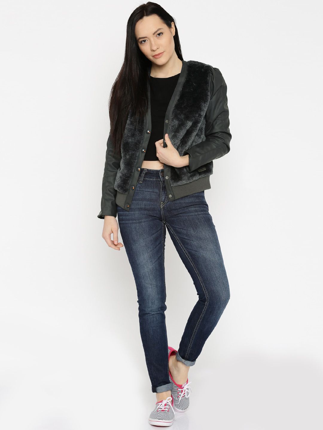 Mast & Harbour Women Charcoal Grey Faux Fur Bomber Jacket
