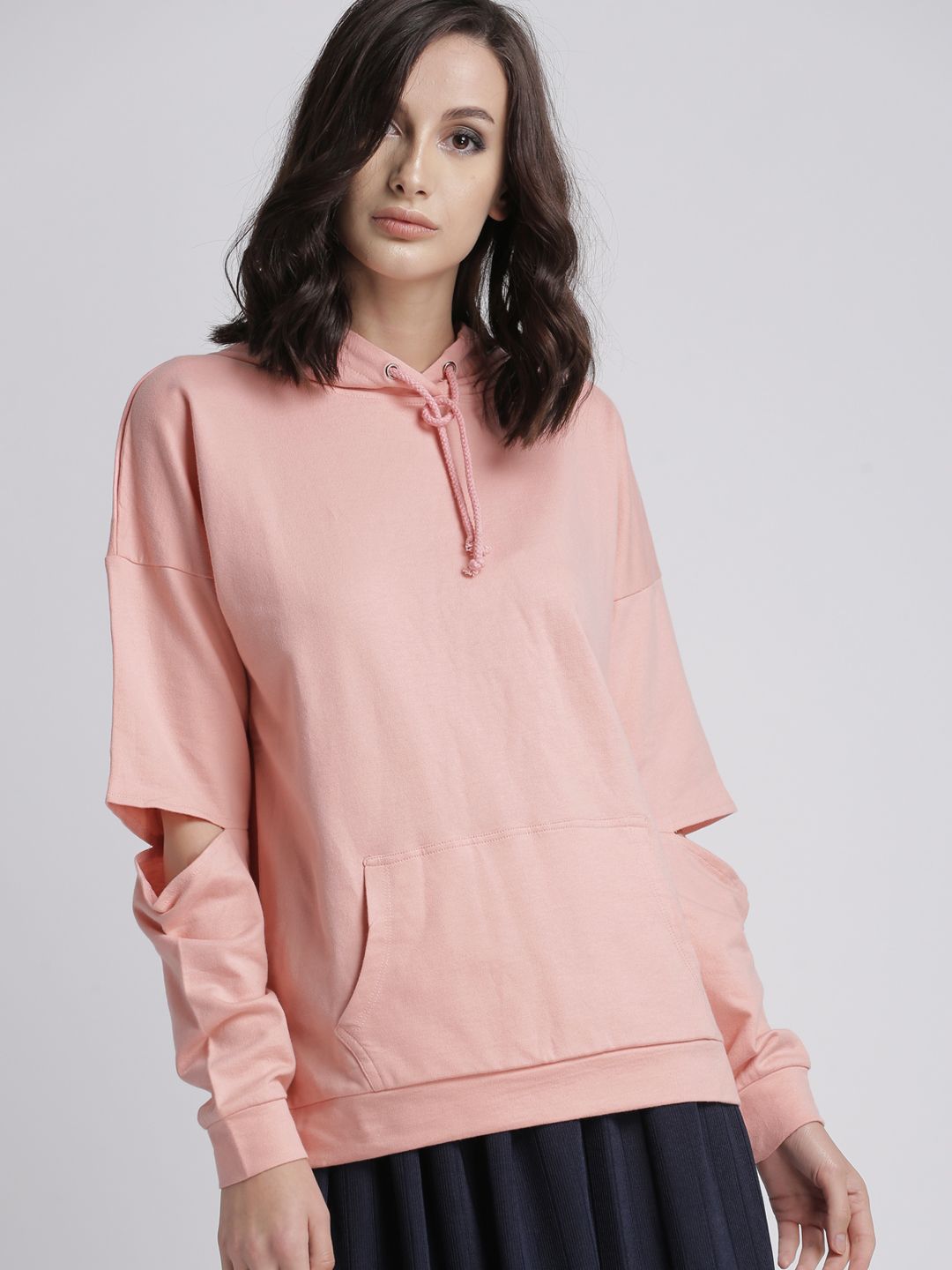 Chemistry Women Peach-Coloured Hooded Slash Elbows Sweatshirt