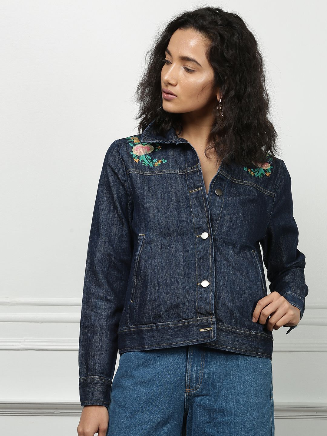 all about youWomen Blue Embroidered Denim Jacket
