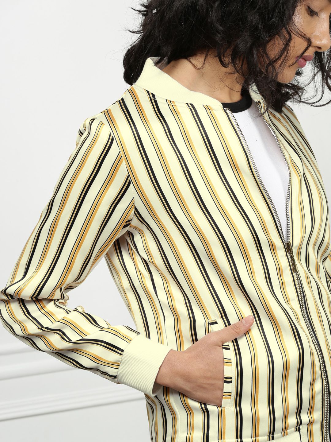 all about you Women Off-White  Black Striped Bomber Jacket