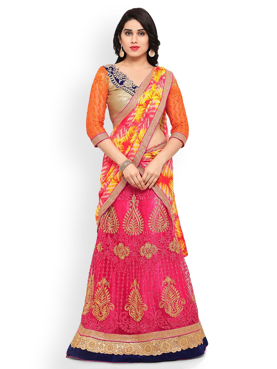 Triveni Pink & Orange Semi-Stitched Lehenga Choli with Dupatta