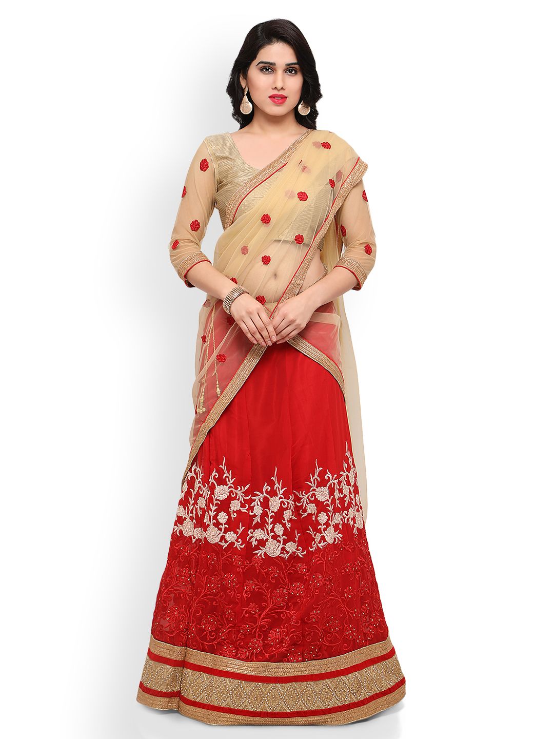 Triveni Red & Beige Semi-Stitched Lehenga Choli with Dupatta