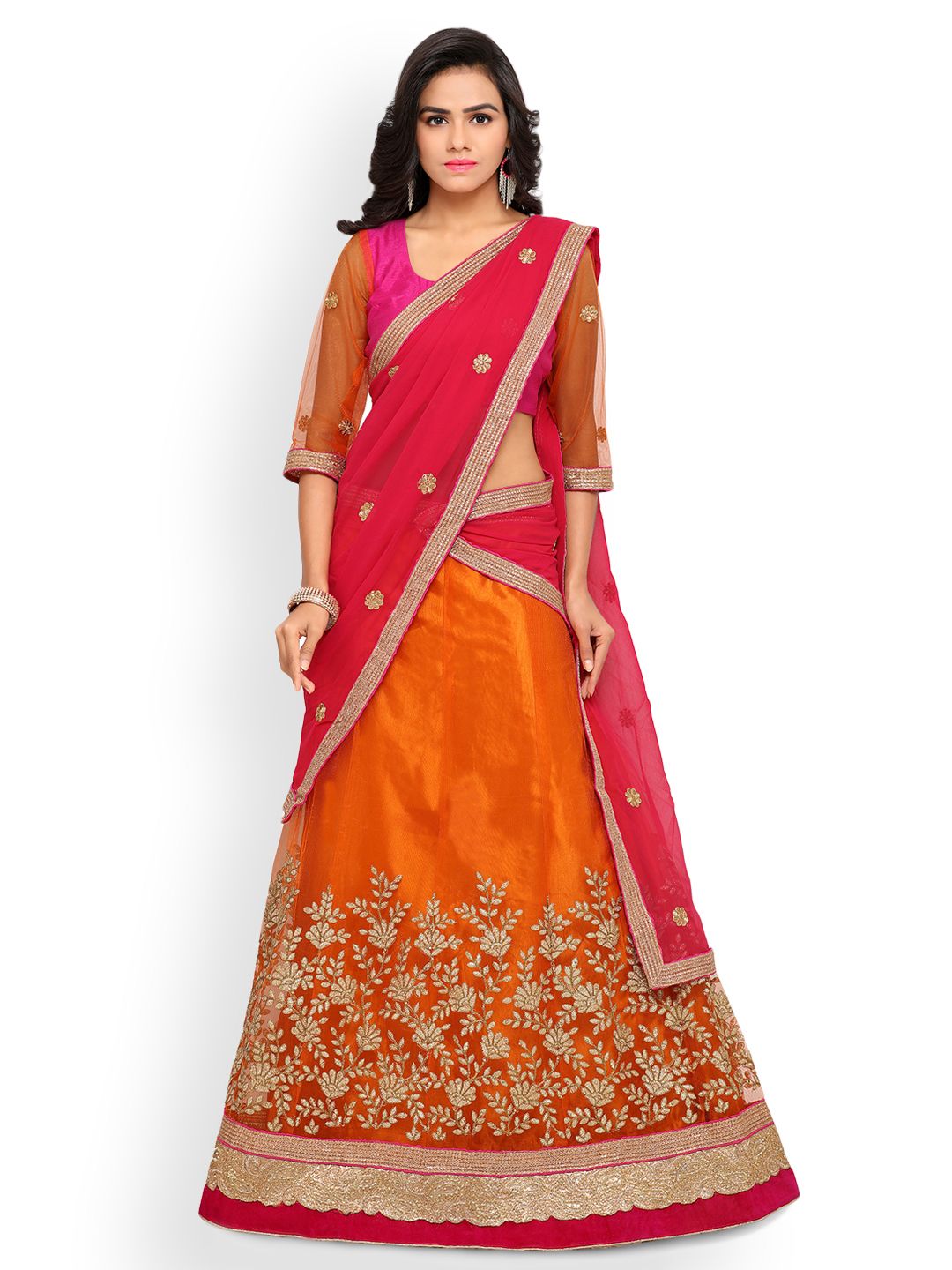 Triveni Orange & Pink Semi-Stitched Lehenga Choli with Dupatta