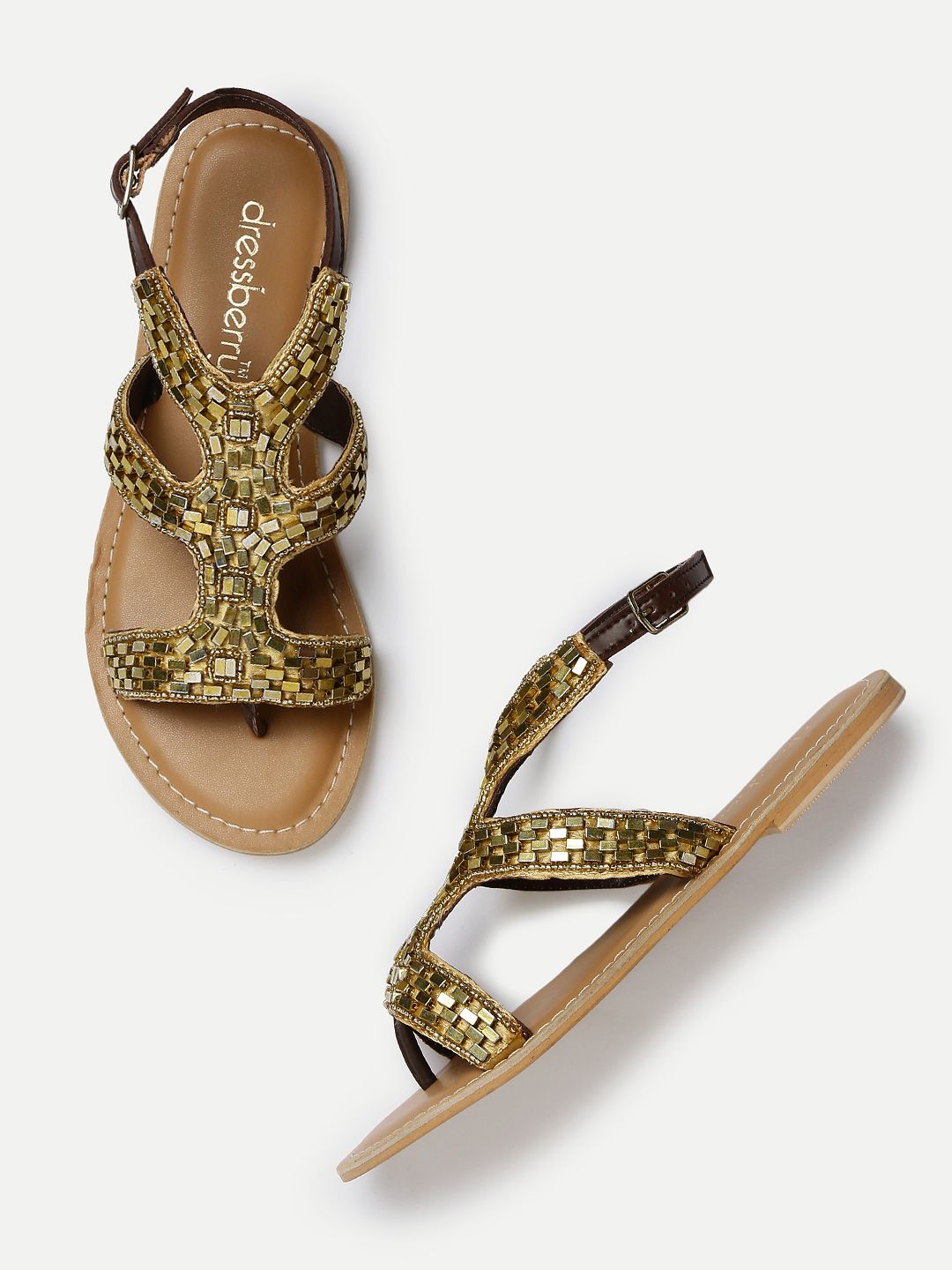 DressBerry Women Gold-Toned & Brown Beaded Flats