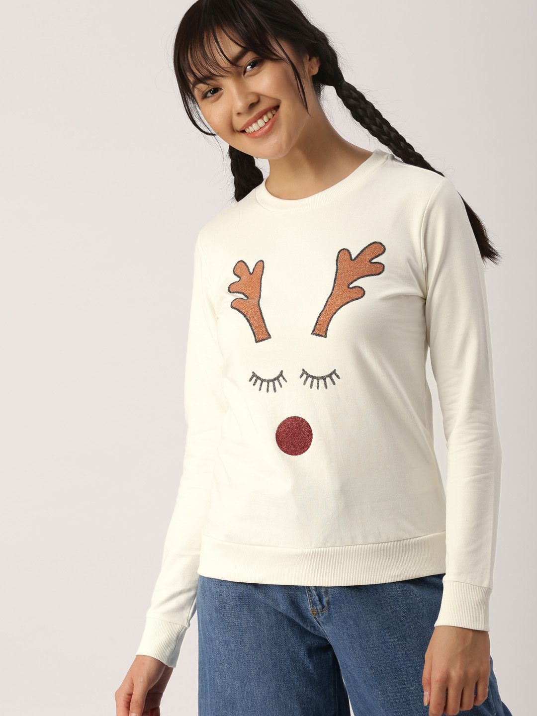 DressBerry Women Off-White Self-Design Sweatshirt