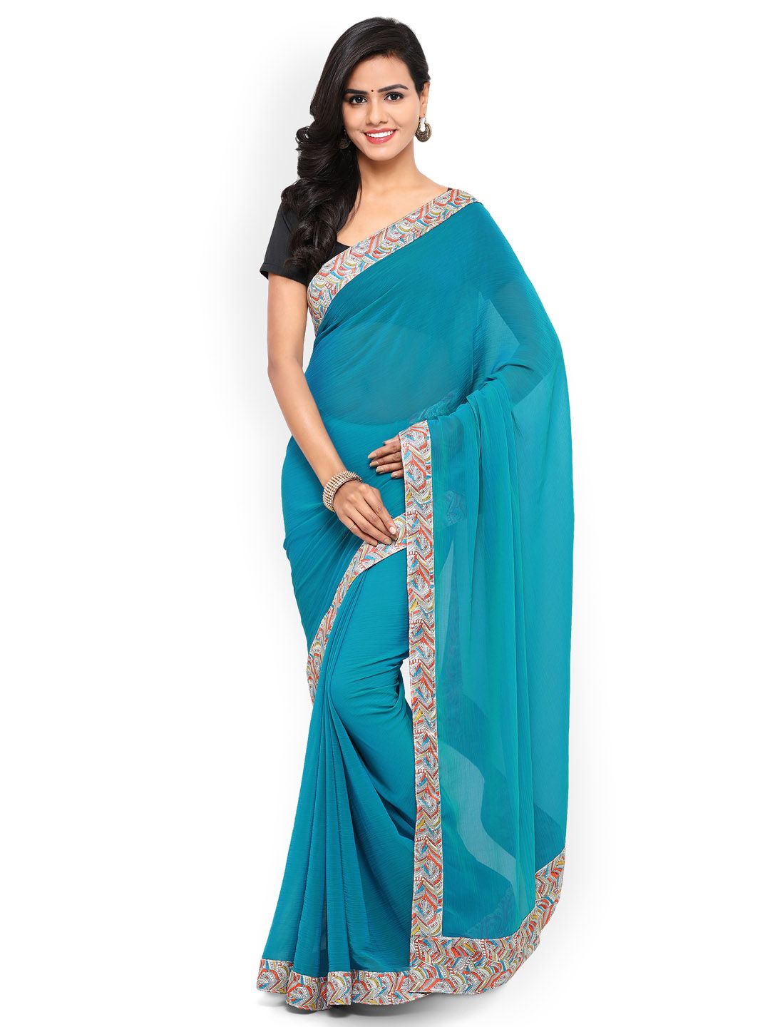 Triveni Blue Solid Poly Chiffon Saree