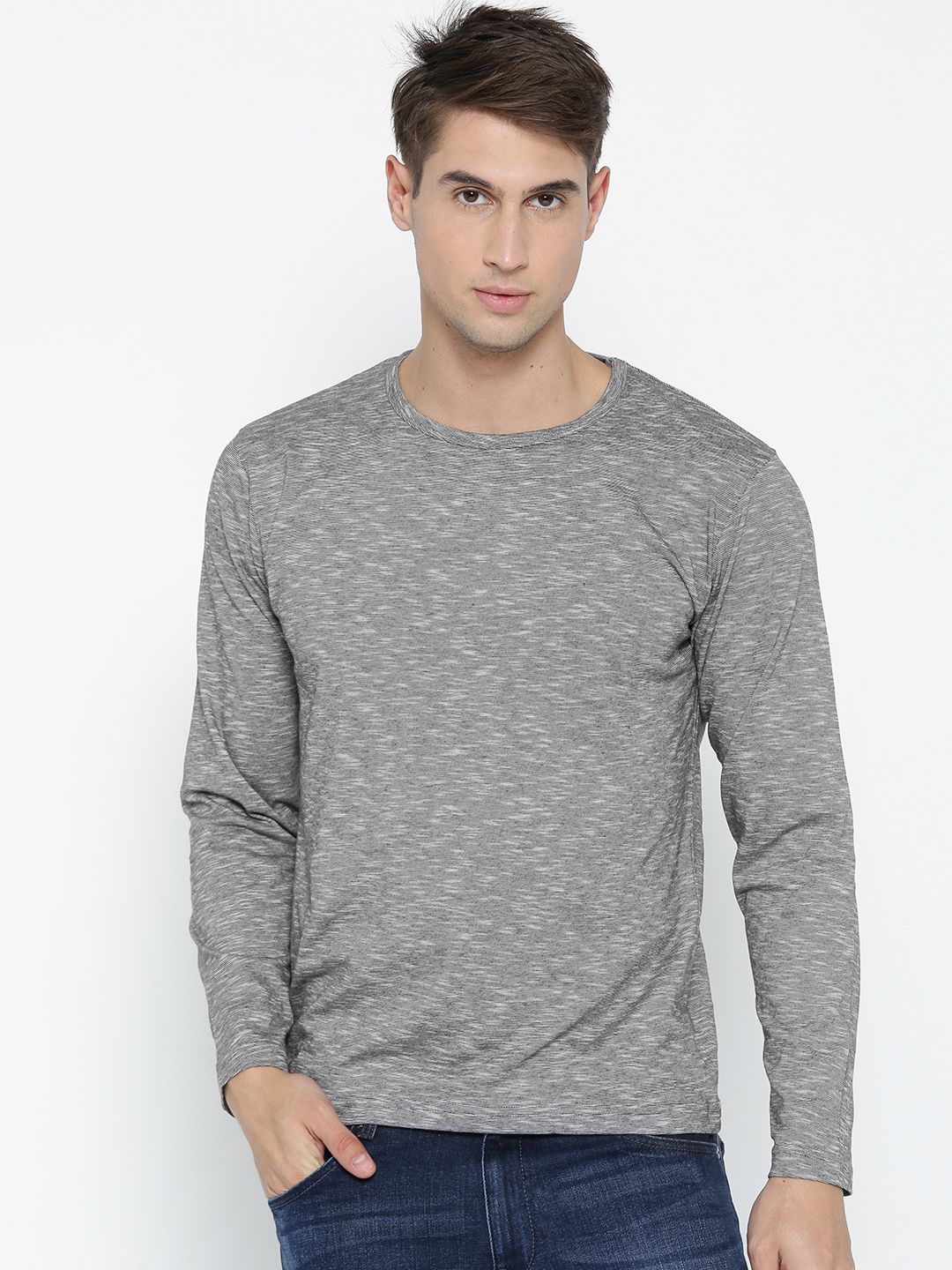 John Players Men Grey Melange Round Neck T-shirt
