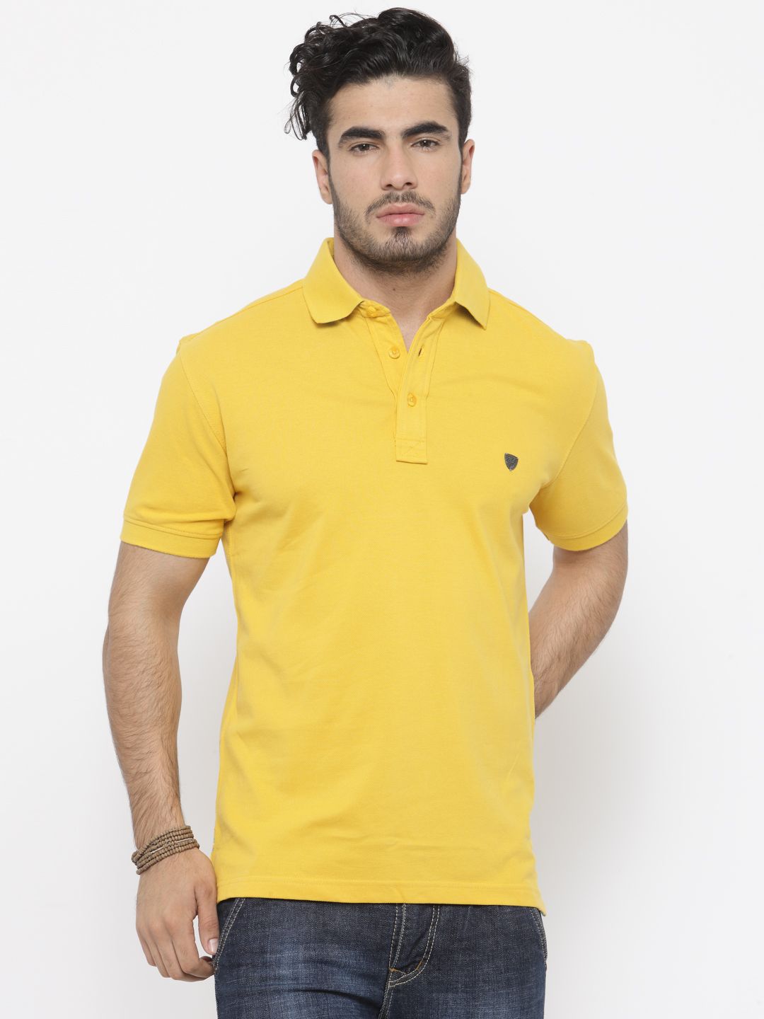 John Players Men Yellow Solid Polo Collar Pure Cotton T-shirt