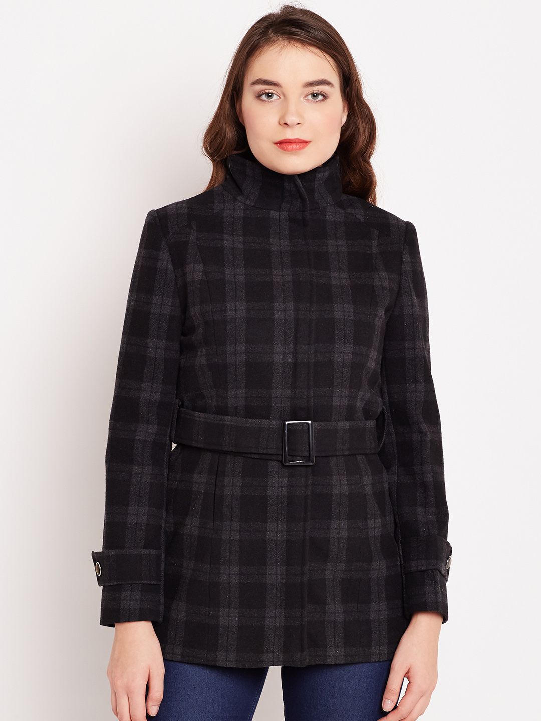 Wills Lifestyle Black & Grey Checked Belted Coat