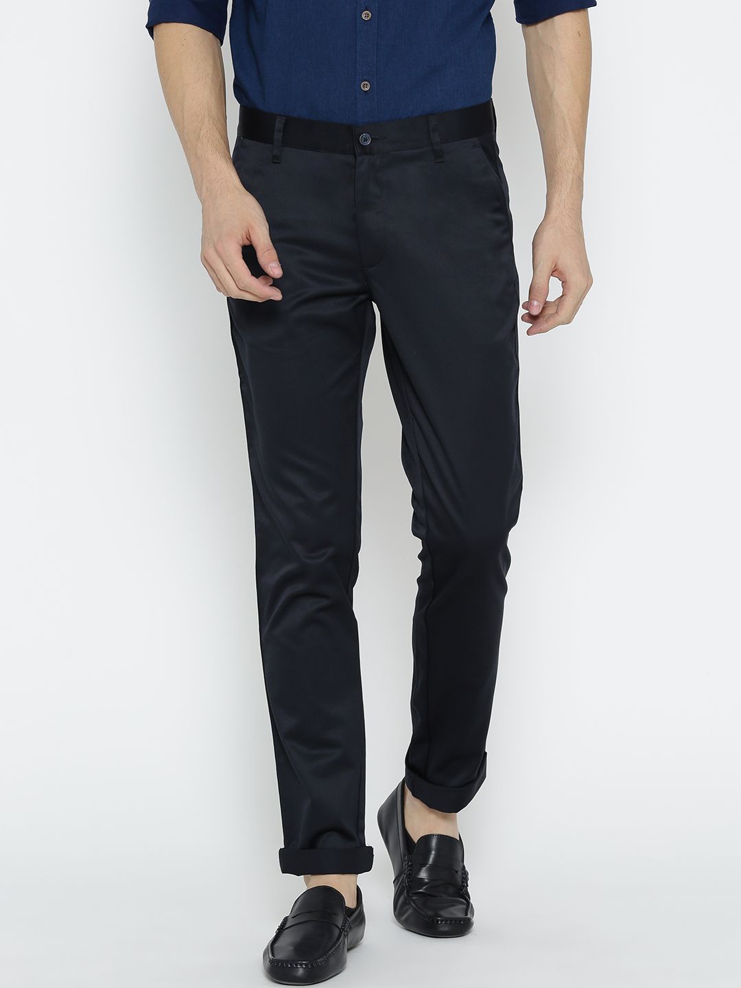 John Players Men Navy Blue Slim Fit Solid Casual Trousers