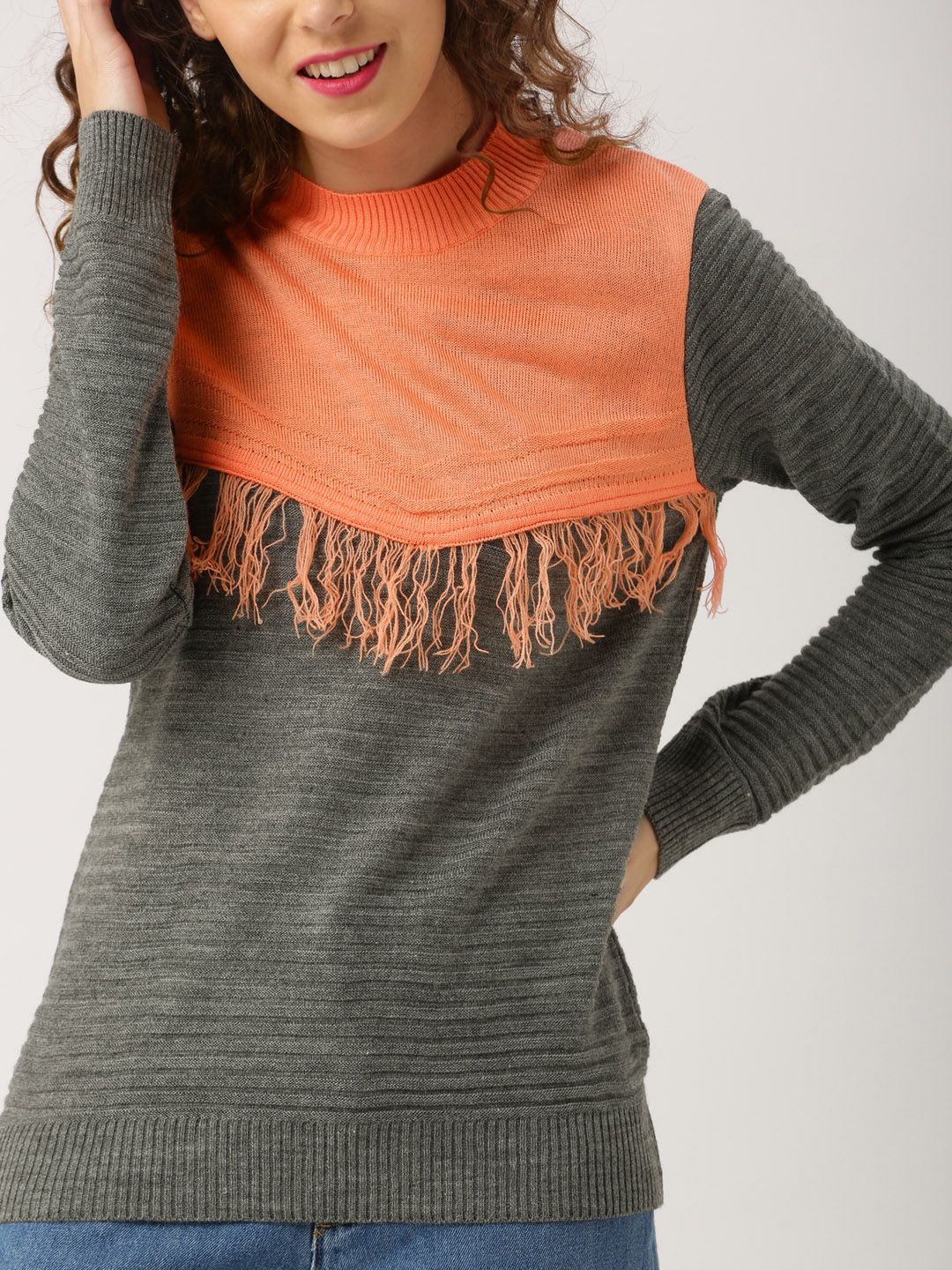 DressBerry Women Coral Orange & Grey Fringed Detail Pullover