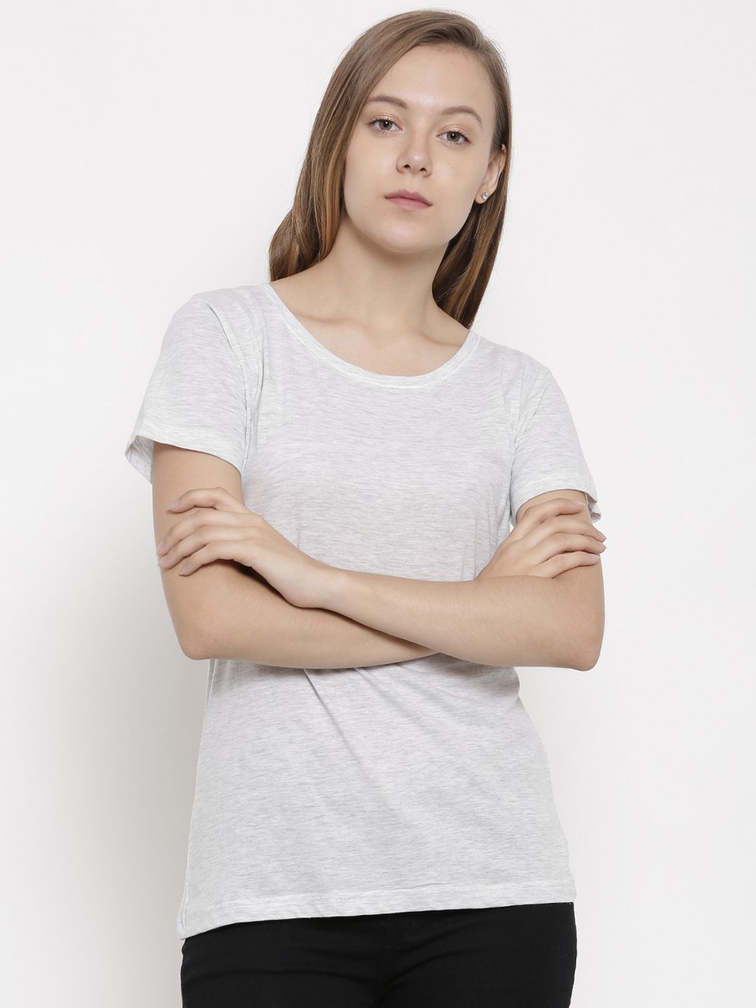 pink woman Women Grey Melange Solid Round Neck T-Shirt